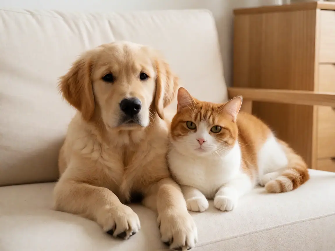 小猫和小狗依偎在一起
